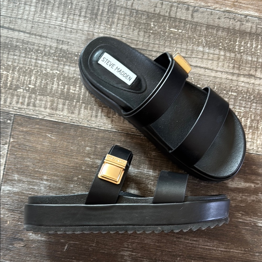 Steve Madden Black Slides with Gold Buckle